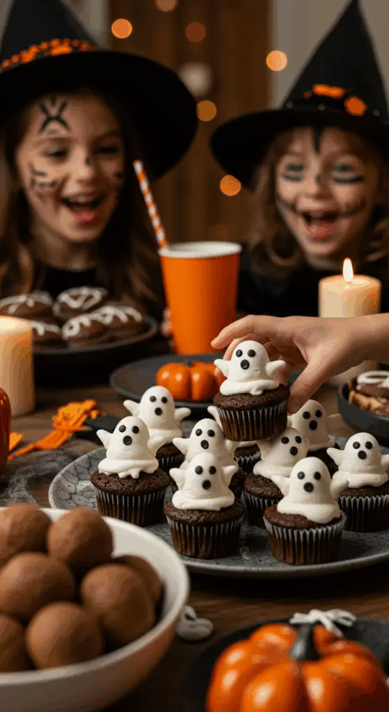 A beautiful, rustic platter of homemade, spooky, and dark Black Cocoa Ghost Cupcakes, with a creative, 3D white buttercream ghost on top of each one.