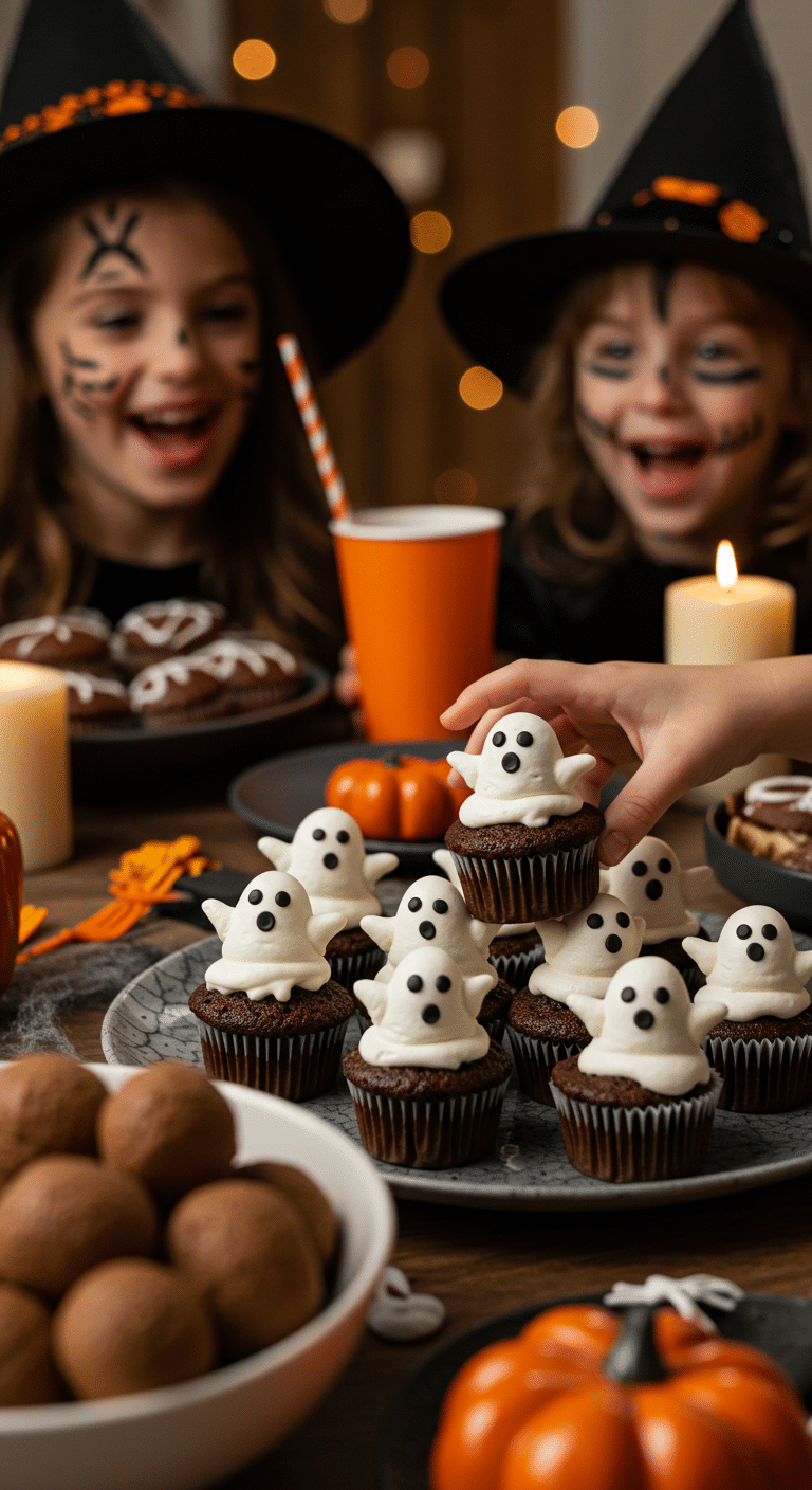 A beautiful, rustic platter of homemade, spooky, and dark Black Cocoa Ghost Cupcakes, with a creative, 3D white buttercream ghost on top of each one.