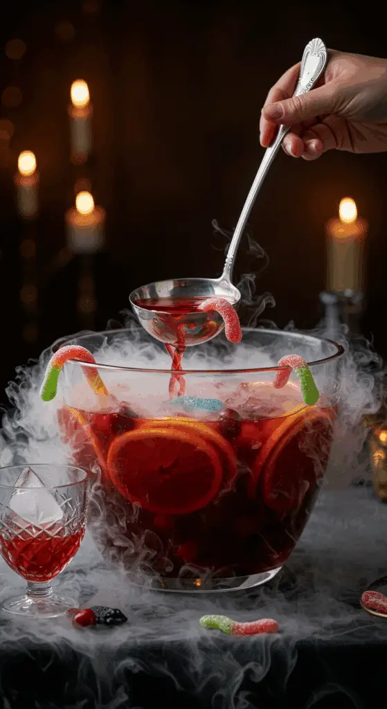A beautiful, large glass punch bowl of a homemade, spooky, and deep red "Bloody" Cranberry Apple Punch, with creepy gummy worm garnishes and a dry ice fog effect.