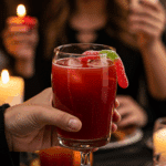 A hand holding an elegant glass of a homemade, red, and spooky "Bloody" Punch at a fun and festive Halloween party.