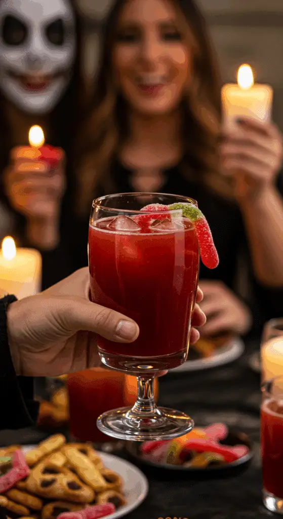 A hand holding an elegant glass of a homemade, red, and spooky "Bloody" Punch at a fun and festive Halloween party.