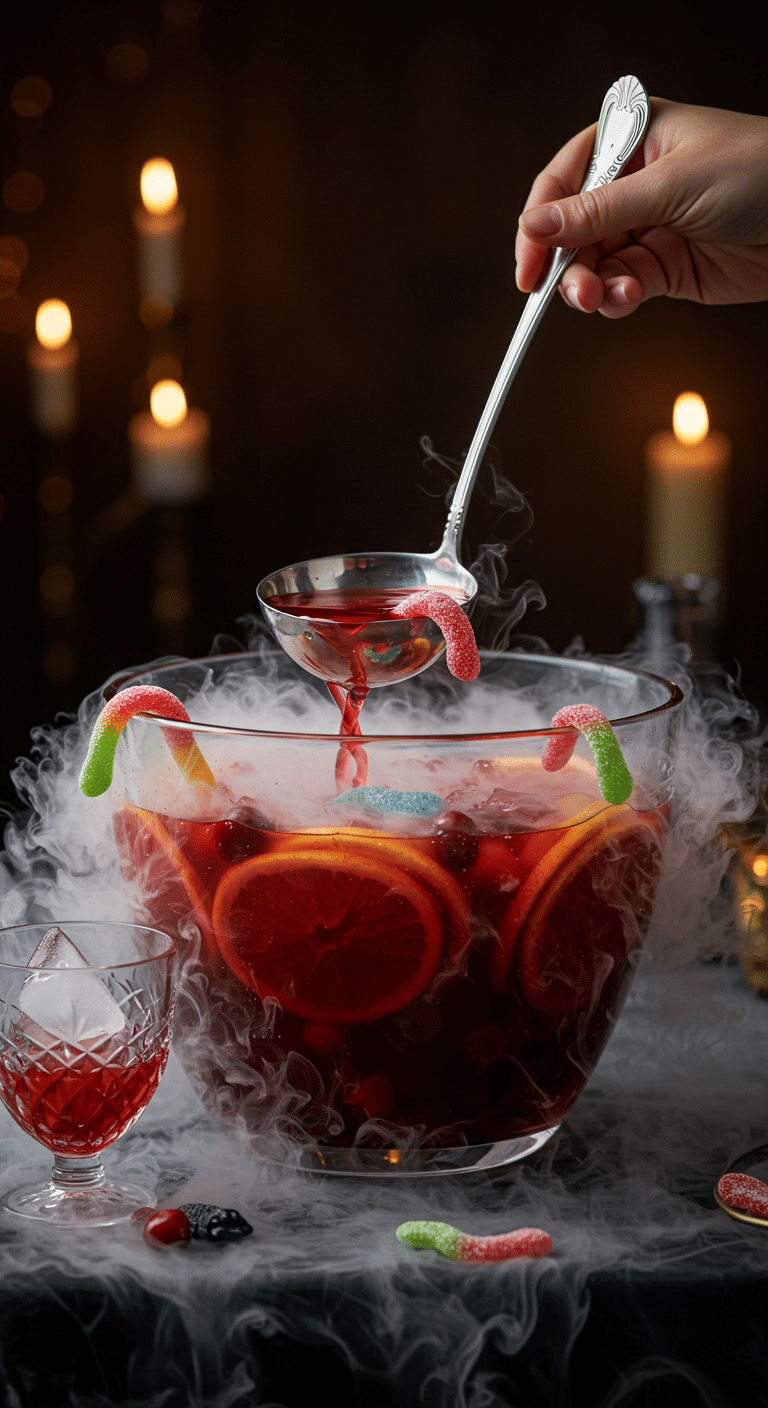 A beautiful, large glass punch bowl of a homemade, spooky, and deep red "Bloody" Cranberry Apple Punch, with creepy gummy worm garnishes and a dry ice fog effect.