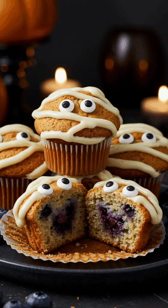 A beautiful, rustic platter of homemade, spooky, and cute Blueberry Mummy Muffins, with white, cream cheese frosting "bandages" and googly, blueberry and candy eyeballs.
