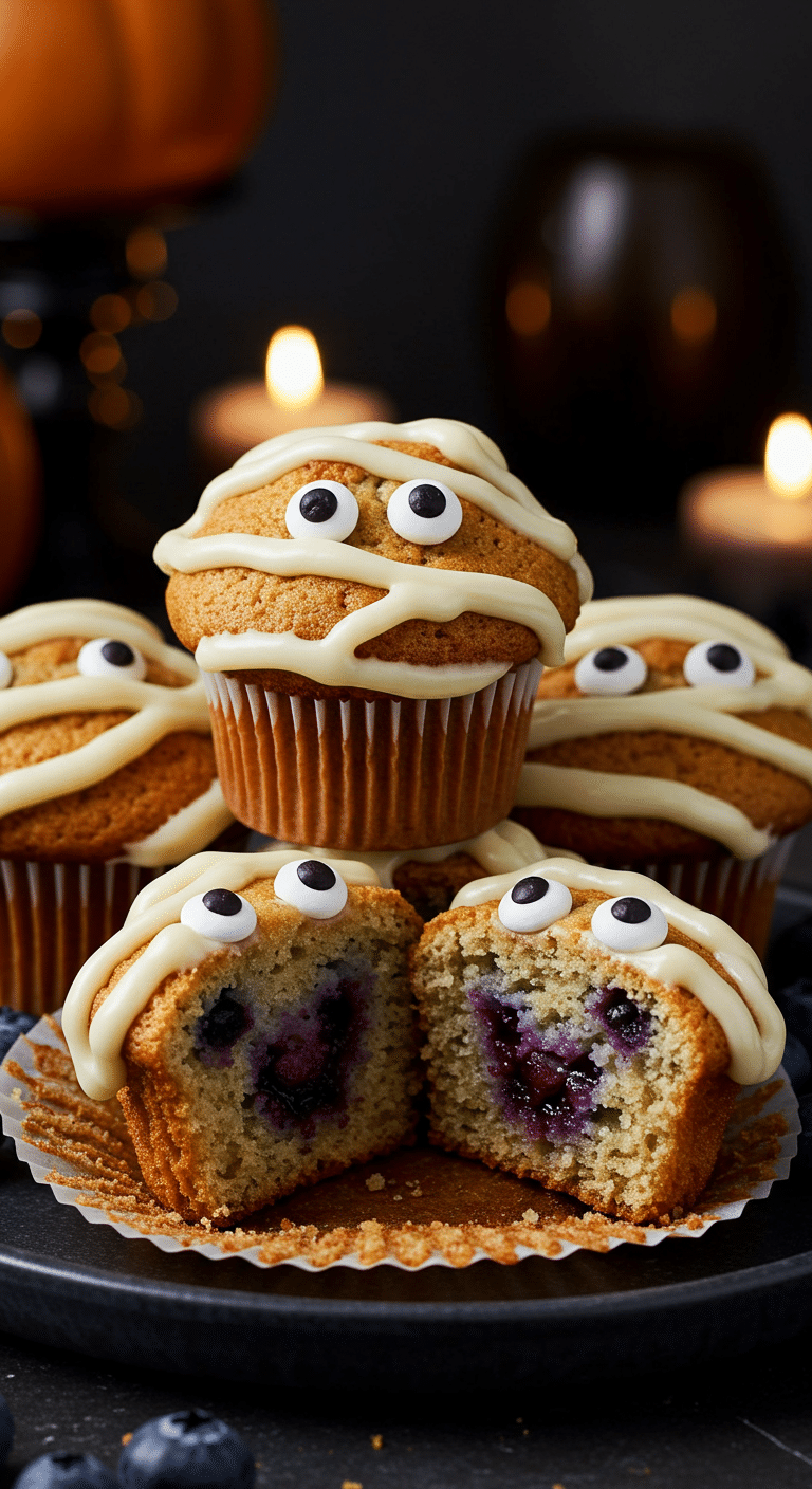 A beautiful, rustic platter of homemade, spooky, and cute Blueberry Mummy Muffins, with white, cream cheese frosting "bandages" and googly, blueberry and candy eyeballs.