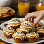 A large platter of homemade, spooky, and adorable Blueberry Mummy Muffins being served at a fun and casual Halloween party.