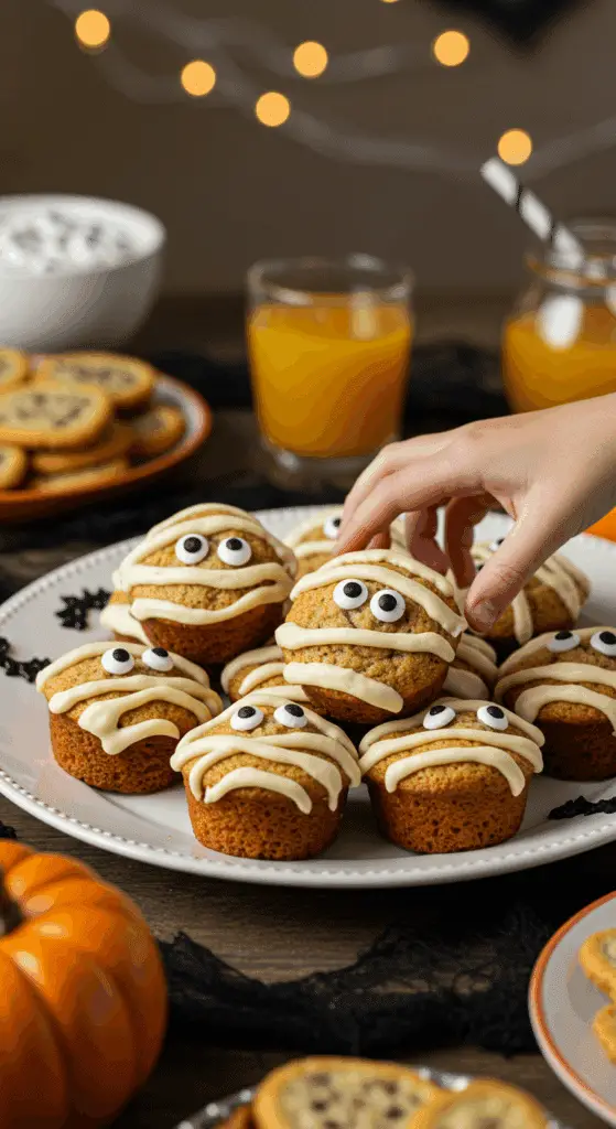 A large platter of homemade, spooky, and adorable Blueberry Mummy Muffins being served at a fun and casual Halloween party.
