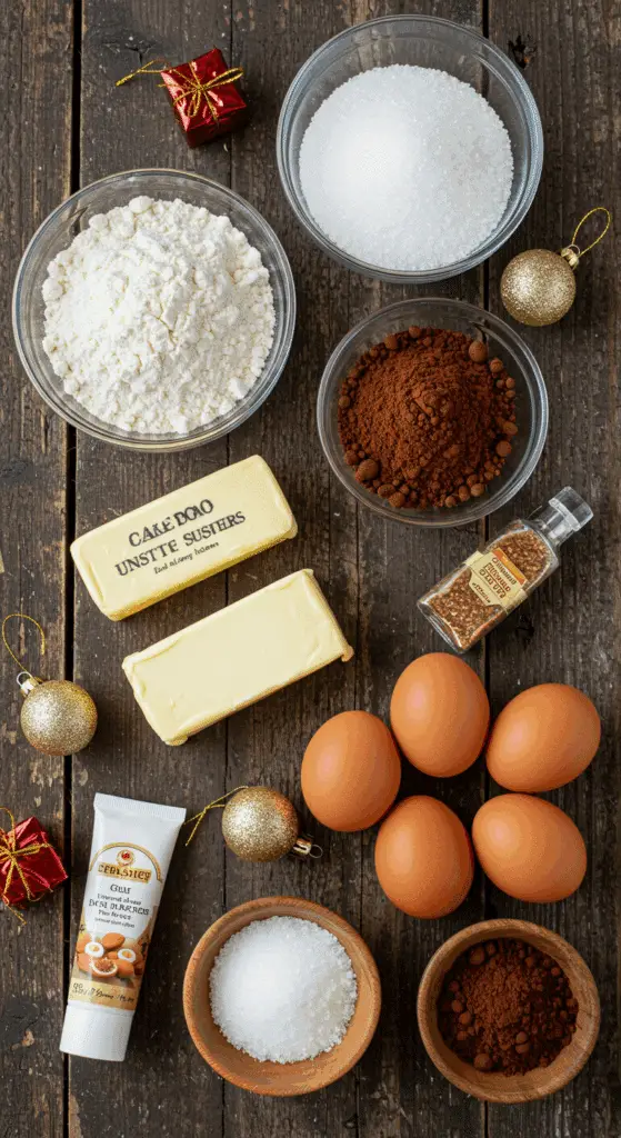 The simple, from-scratch ingredients for the classic and festive Bûche de Noël (Yule Log) cake.