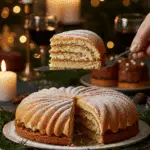 The whole, homemade, impressive, and festive Bûche de Noël being served as the centerpiece at a fun and sophisticated Christmas party
