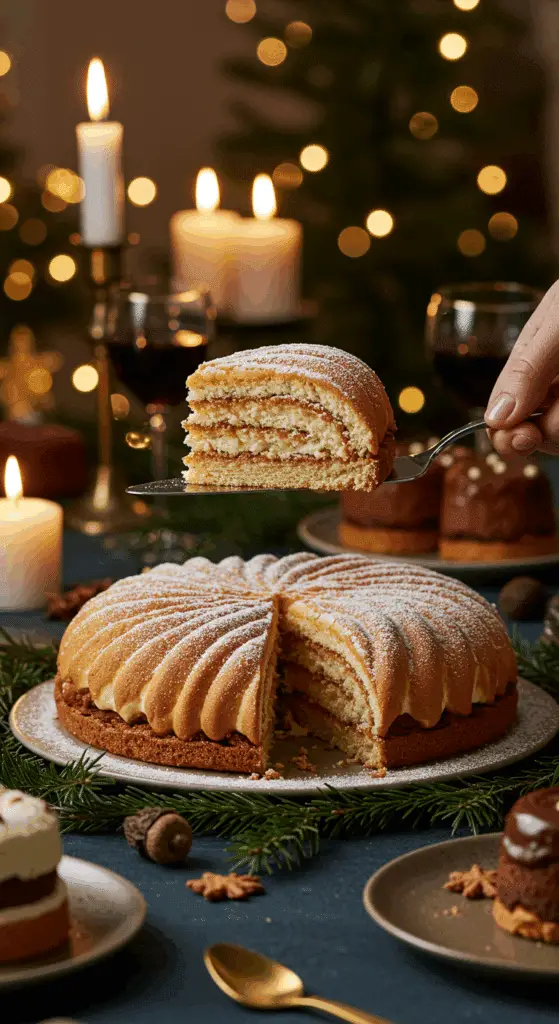 The whole, homemade, impressive, and festive Bûche de Noël being served as the centerpiece at a fun and sophisticated Christmas party
