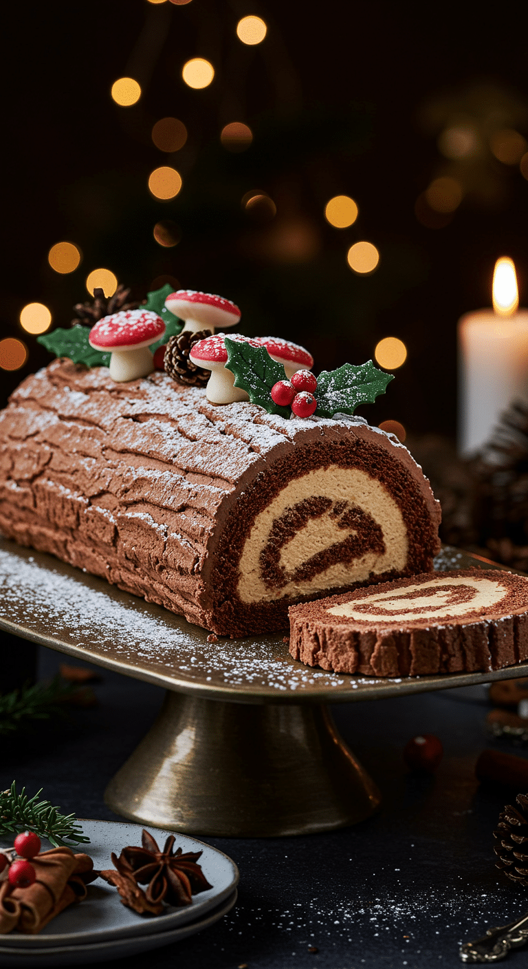 A beautiful, elegant cake stand with a homemade, festive Bûche de Noël, decorated to look like a Yule Log with marzipan mushrooms and a snowy powdered sugar topping.