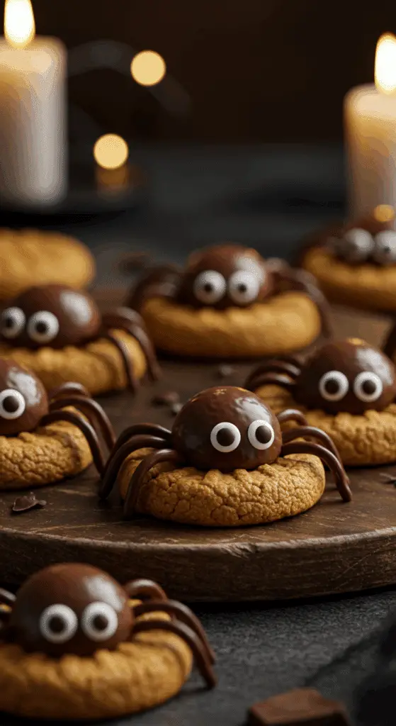 A beautiful, rustic platter of homemade, spooky, and fun Peanut Butter Spider Cookies, with a creepy, 3D chocolate spider on top of each one.
