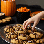 A large platter of homemade, spooky, and creepy Peanut Butter Spider Cookies being served at a fun and casual Halloween party.