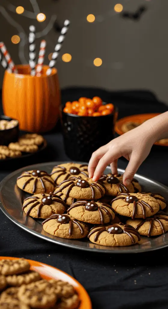 A large platter of homemade, spooky, and creepy Peanut Butter Spider Cookies being served at a fun and casual Halloween party.