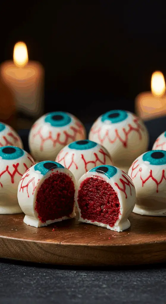 A beautiful, rustic platter of homemade, spooky Halloween Eyeball Cake Pops, with one cut in half to show the surprising, blood-red velvet cake filling inside.