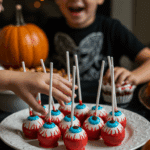 A large platter of homemade, spooky, and creepy Halloween Eyeball Cake Pops being served at a fun and casual Halloween party.