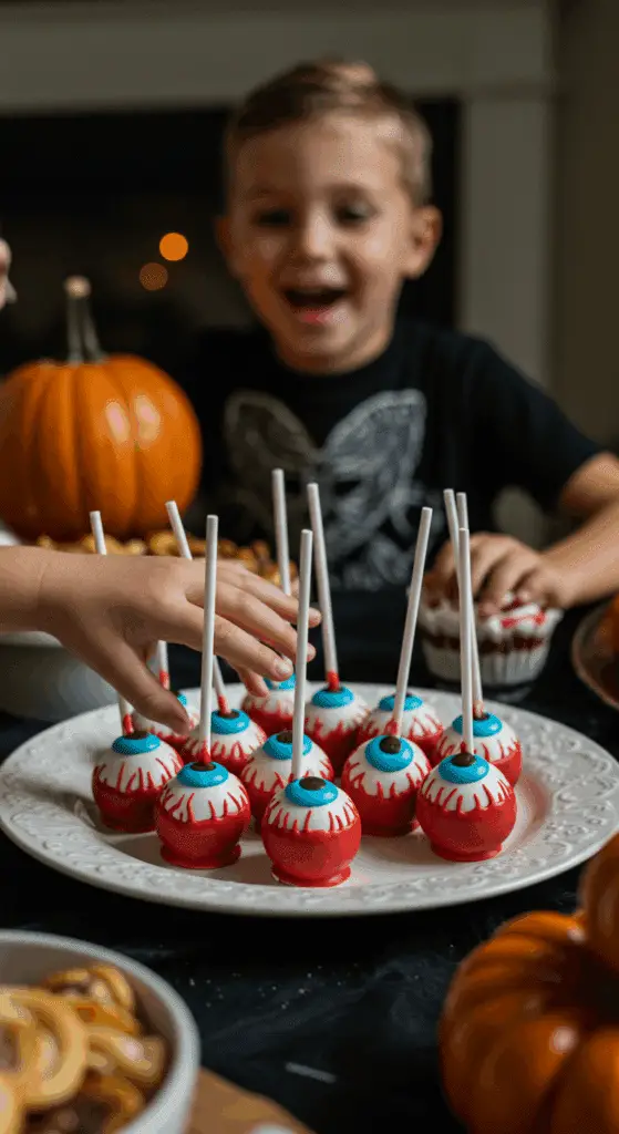 A large platter of homemade, spooky, and creepy Halloween Eyeball Cake Pops being served at a fun and casual Halloween party.