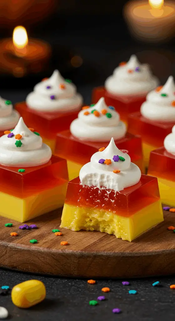 A beautiful, rustic platter of homemade, spooky, and layered Candy Corn Jell-O Shots, with a whipped cream and sprinkle topping.