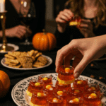 A large platter of homemade, spooky, and colorful Candy Corn Jell-O Shots being served at a fun and sophisticated Halloween party.