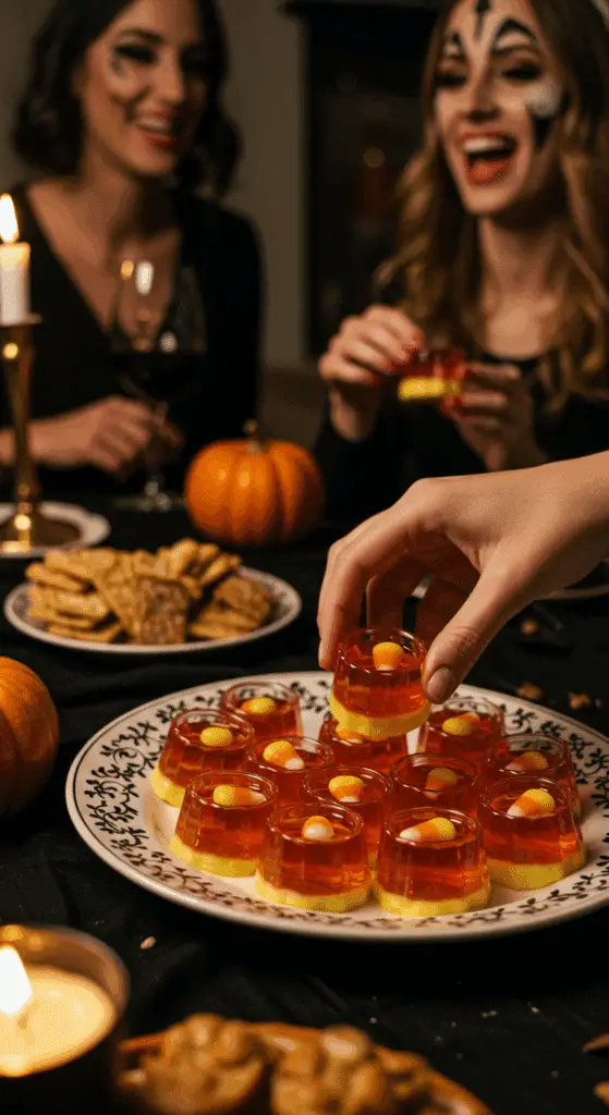 A large platter of homemade, spooky, and colorful Candy Corn Jell-O Shots being served at a fun and sophisticated Halloween party.
