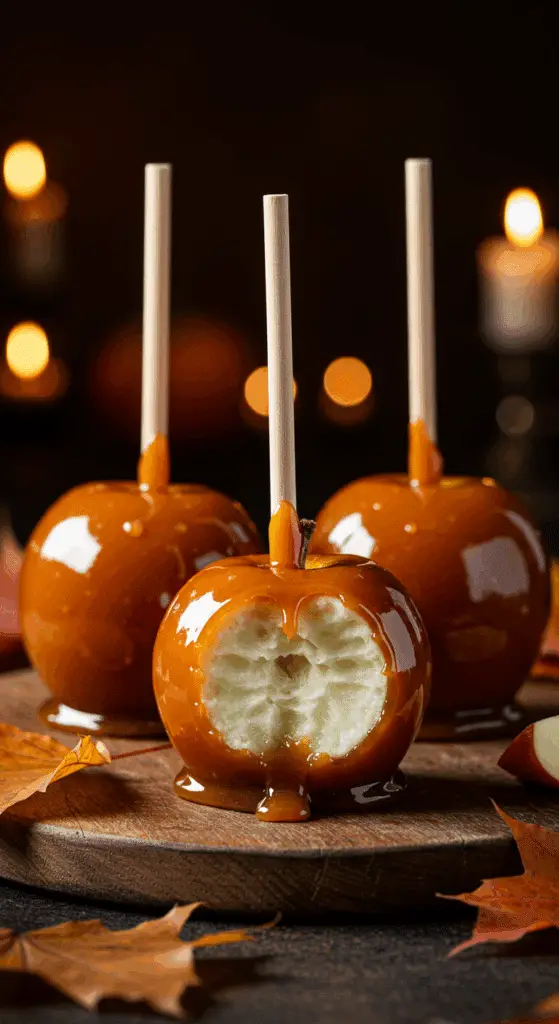 A beautiful, rustic platter of homemade, old-fashioned Caramel Apples, with a thick, glossy, and amber-colored hard caramel shell, with one apple having a large bite taken out.