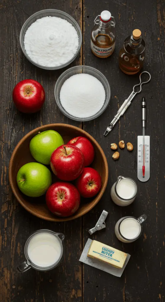 The simple, from-scratch ingredients for the classic and easy Old-Fashioned Caramel Apples recipe.