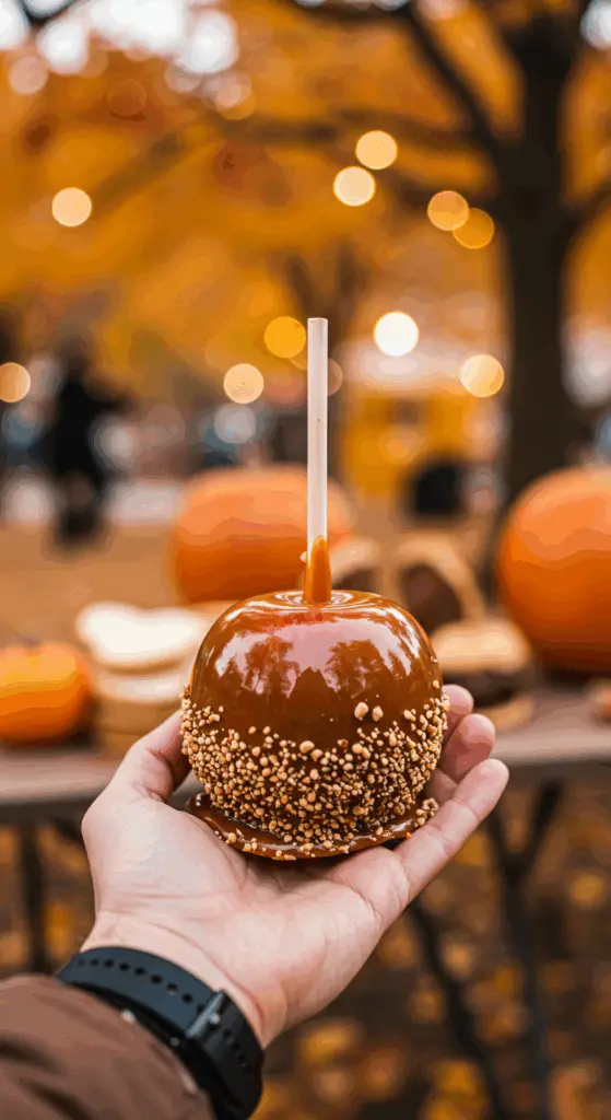A hand holding a single, beautiful, and glossy, homemade Caramel Apple at a fun and festive outdoor fall festival.