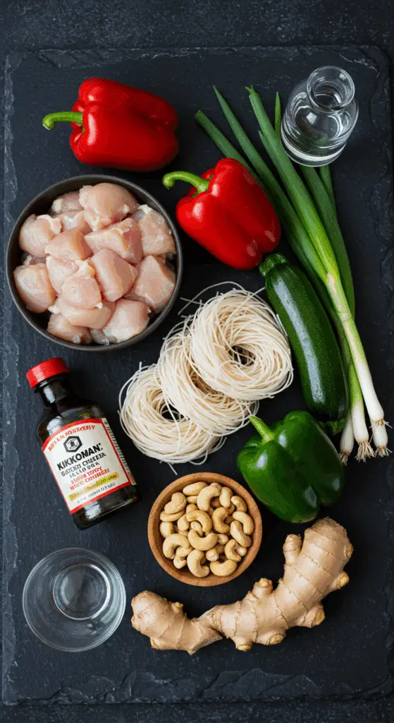 The simple, from-scratch ingredients for the classic and easy Spicy Cashew Chicken Noodle Bowl.