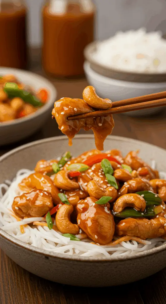 A cozy bowl of homemade, saucy Spicy Cashew Chicken being served over noodles for a casual family dinner.