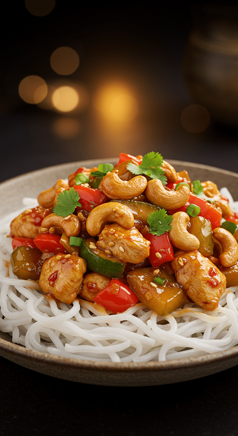 A beautiful, rustic bowl of homemade, easy Spicy Cashew Chicken, with a glossy, reddish-brown sauce, colorful peppers, and cashews, served over a bed of rice noodles.