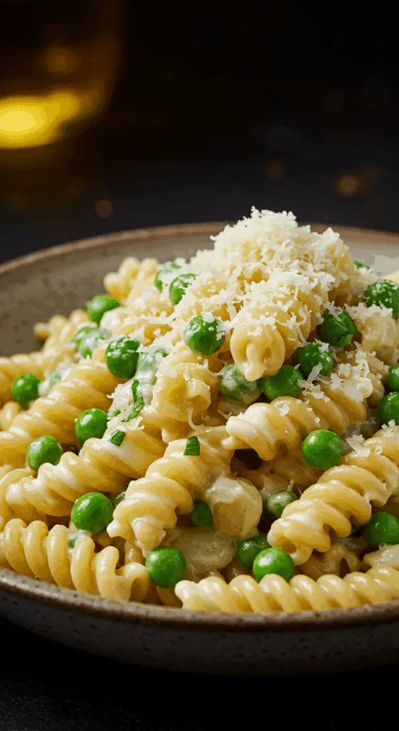 A beautiful, rustic bowl of homemade, creamy Cavatappi Pasta, with a luscious, white garlic-Parmesan cream sauce, bright green peas, and fresh Parmesan cheese.