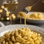 An elegant plate of homemade, creamy Cavatappi Pasta being enjoyed for a sophisticated and romantic, candlelit dinner.