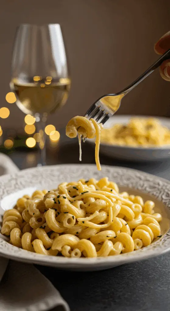 An elegant plate of homemade, creamy Cavatappi Pasta being enjoyed for a sophisticated and romantic, candlelit dinner.