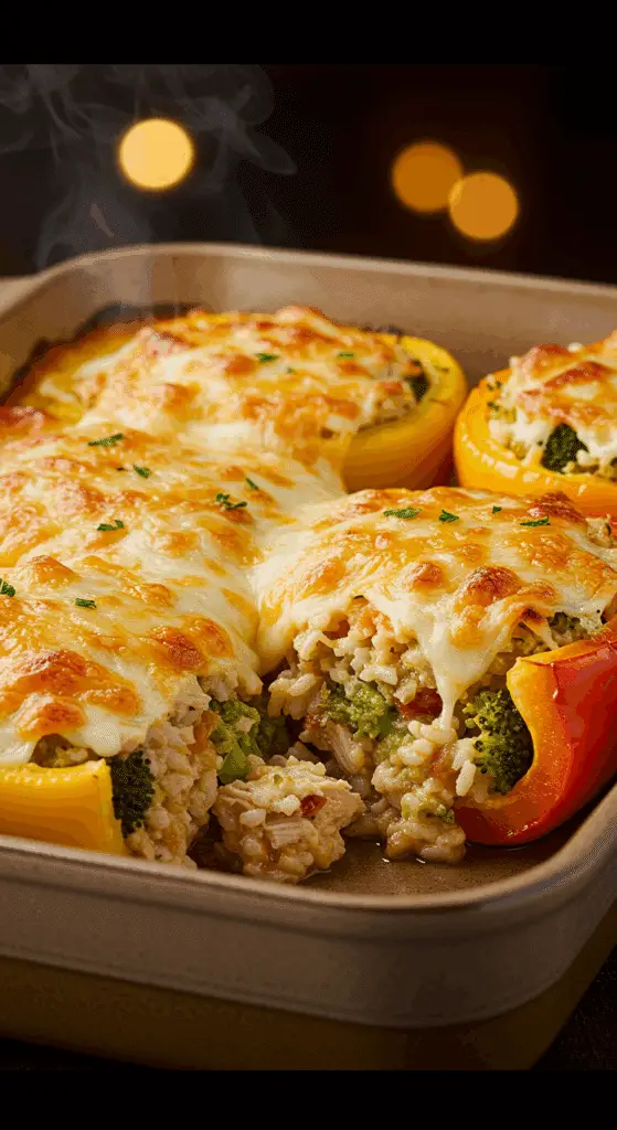 A beautiful, golden-brown homemade Cheesy Chicken Stuffed Peppers Casserole in a baking dish with a cheesy, colorful, and hearty pepper half being served