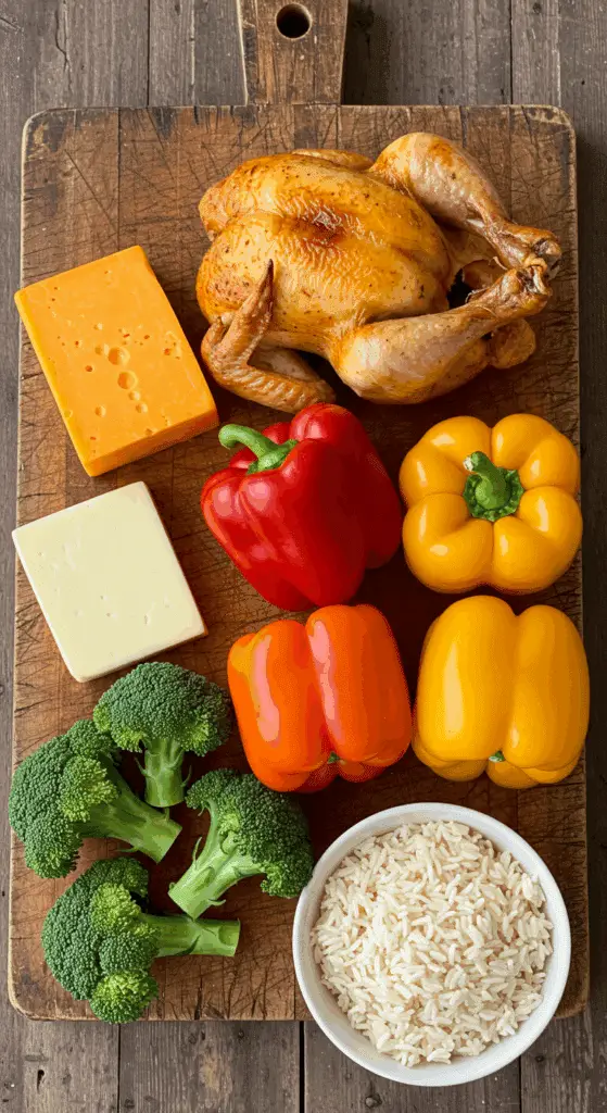 The simple, fresh ingredients for the easy and cheesy Chicken and Rice Stuffed Peppers recipe.