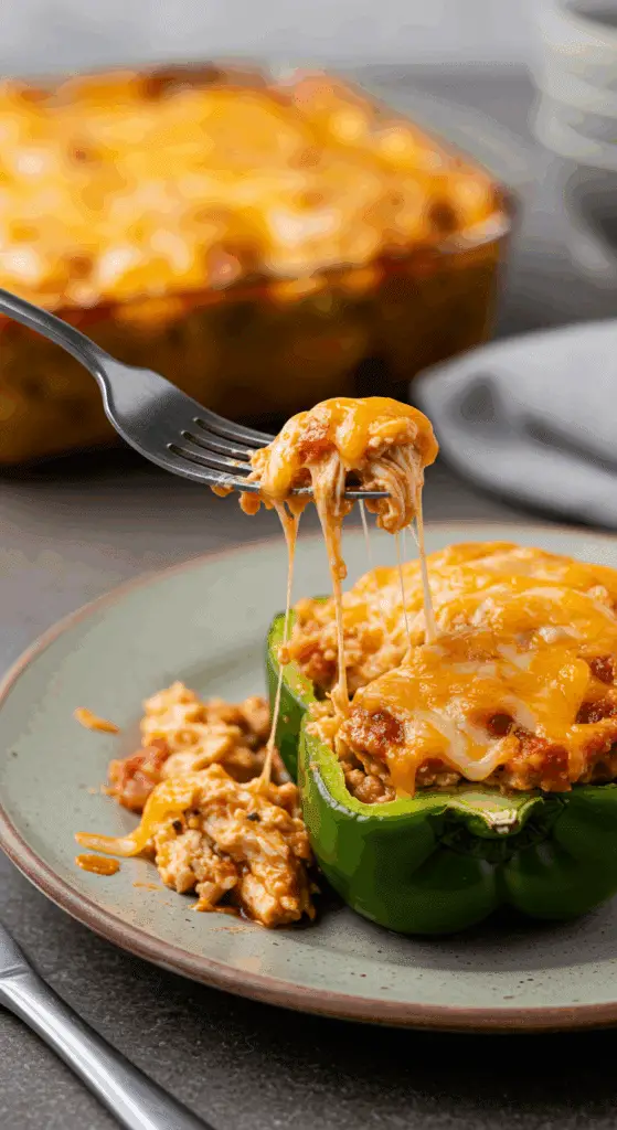 A beautiful, cheesy, homemade Chicken Stuffed Pepper being served for a casual family dinner.