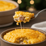 A cozy bowl of homemade, creamy, and cheesy-topped Cornbread Breakfast Casserole being served for a family holiday breakfast.