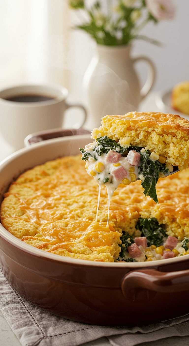 A beautiful, rustic oval baking dish of a homemade, golden-brown Cornbread Breakfast Casserole, with a creamy, cheesy, and hearty scoop being lifted out.