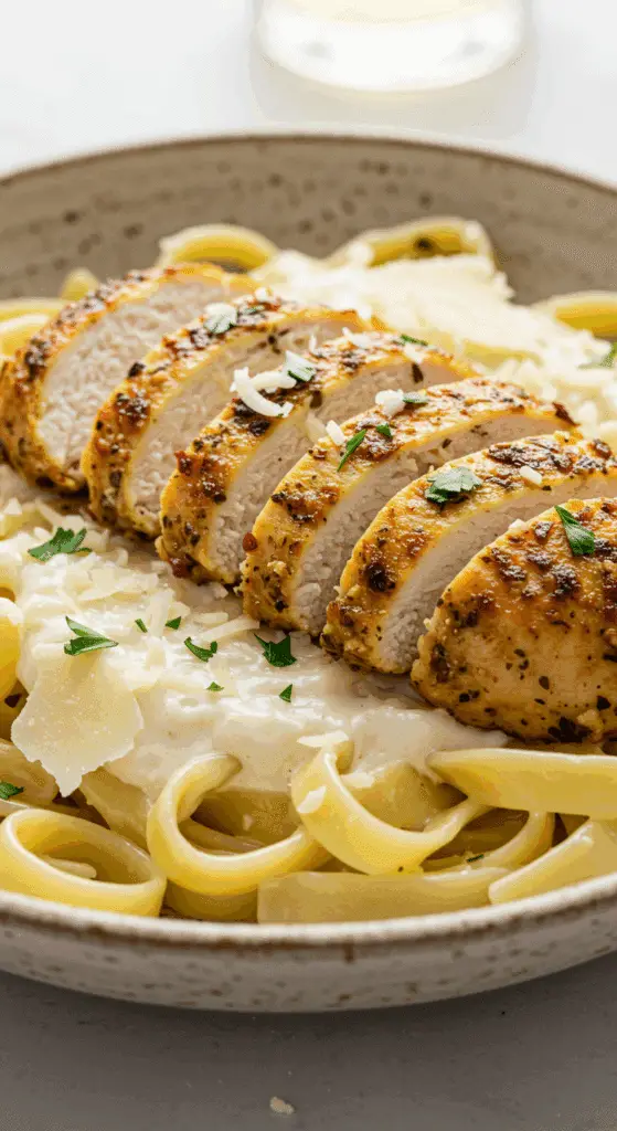 A beautiful, rustic bowl of homemade, healthy Chicken Alfredo, with a luscious, creamy white cauliflower sauce and topped with slices of a golden-brown, seared chicken breast.