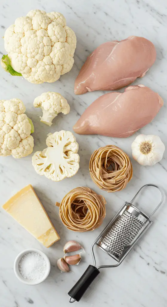 The simple, fresh ingredients for the healthy, from-scratch Creamy Cauliflower Chicken Alfredo recipe.