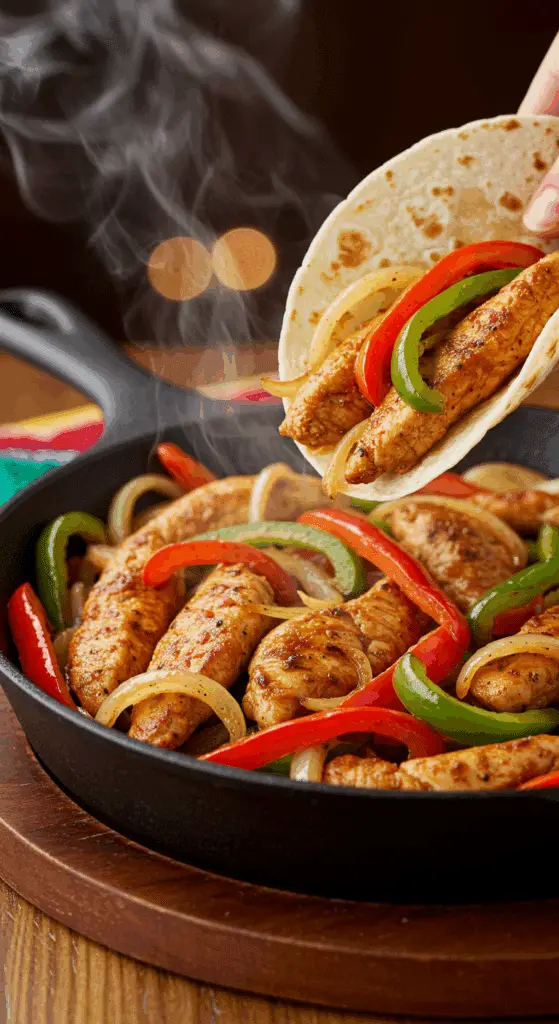 A beautiful, rustic cast-iron skillet of homemade, sizzling Chicken Fajitas, with a colorful medley of seared chicken, bell peppers, and onions, with steam rising from the pan.