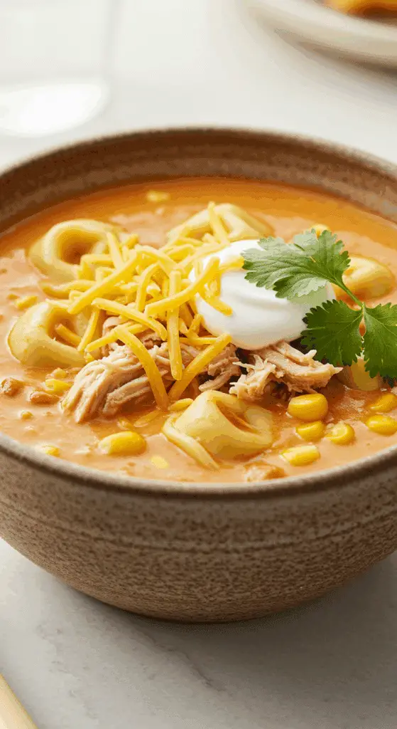 A beautiful, rustic bowl of homemade, creamy, and easy Chicken Tortellini Soup, garnished with shredded cheese, cilantro, and a dollop of sour cream.