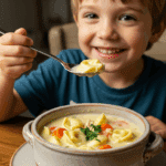 A child happily eating a spoonful of homemade, creamy Chicken Tortellini Soup at a casual family dinner.