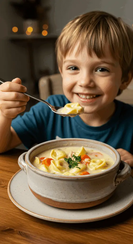 A child happily eating a spoonful of homemade, creamy Chicken Tortellini Soup at a casual family dinner.