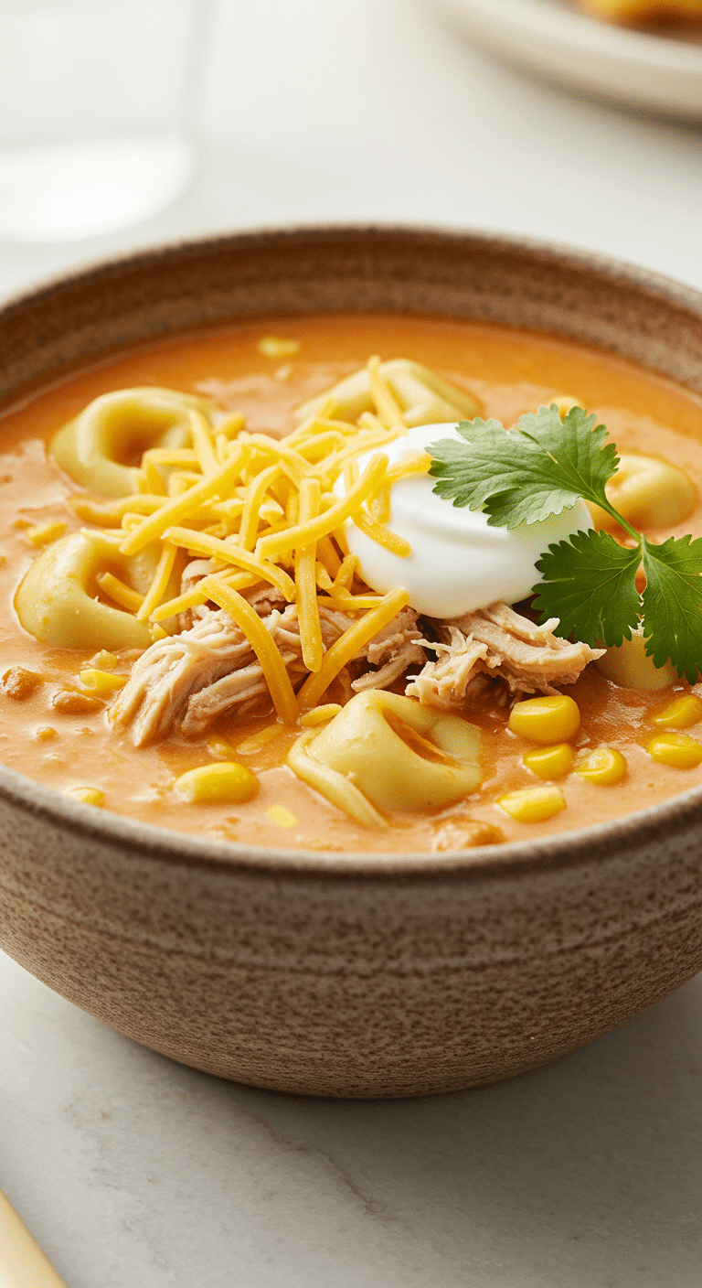 A beautiful, rustic bowl of homemade, creamy, and easy Chicken Tortellini Soup, garnished with shredded cheese, cilantro, and a dollop of sour cream.