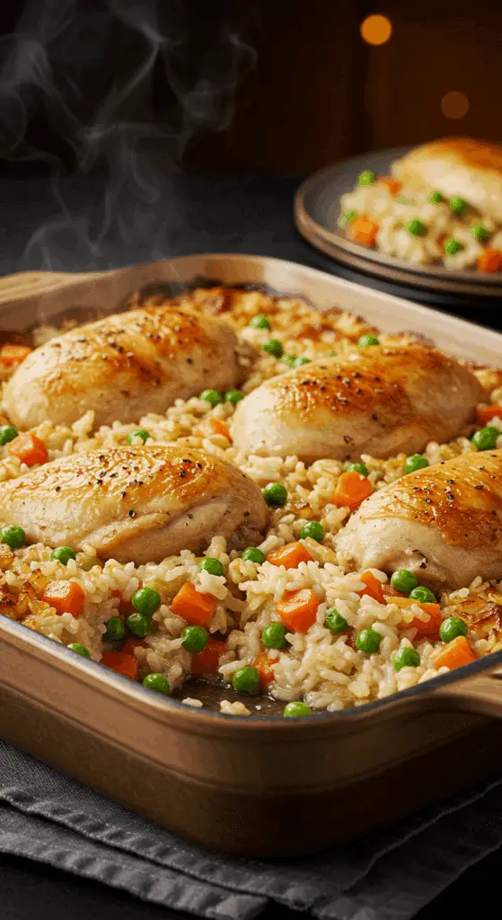 A beautiful, golden-brown homemade "No-Peek" Chicken and Rice Casserole in a baking dish with a creamy, hearty scoop and a whole chicken breast being served.