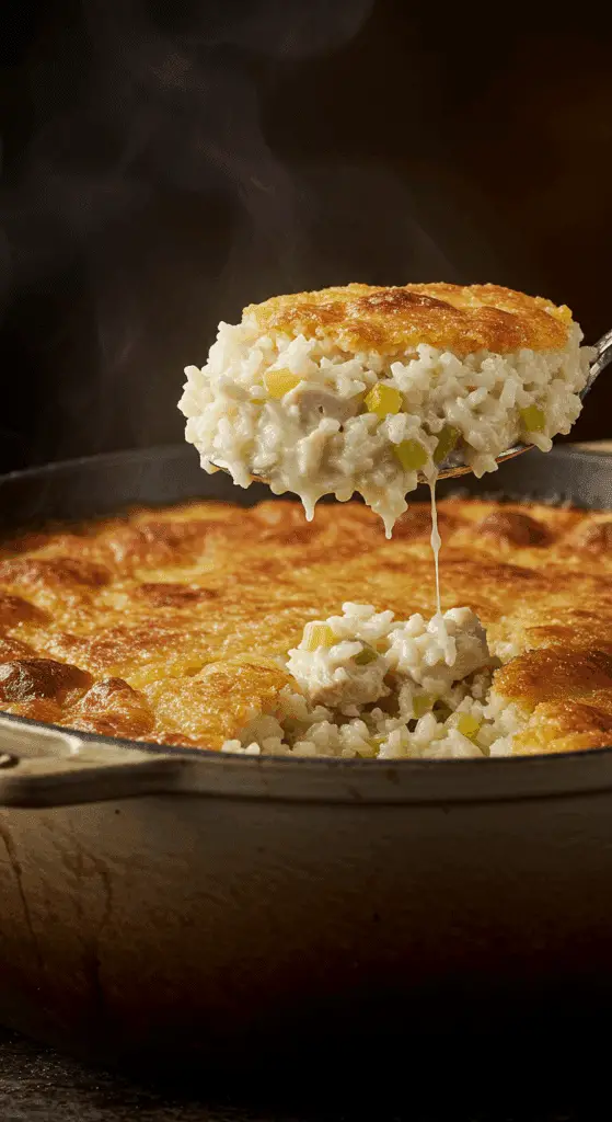 A beautiful, golden-brown homemade One-Pot Chicken and Rice Casserole in a Dutch oven with a creamy, hearty scoop being lifted out.
