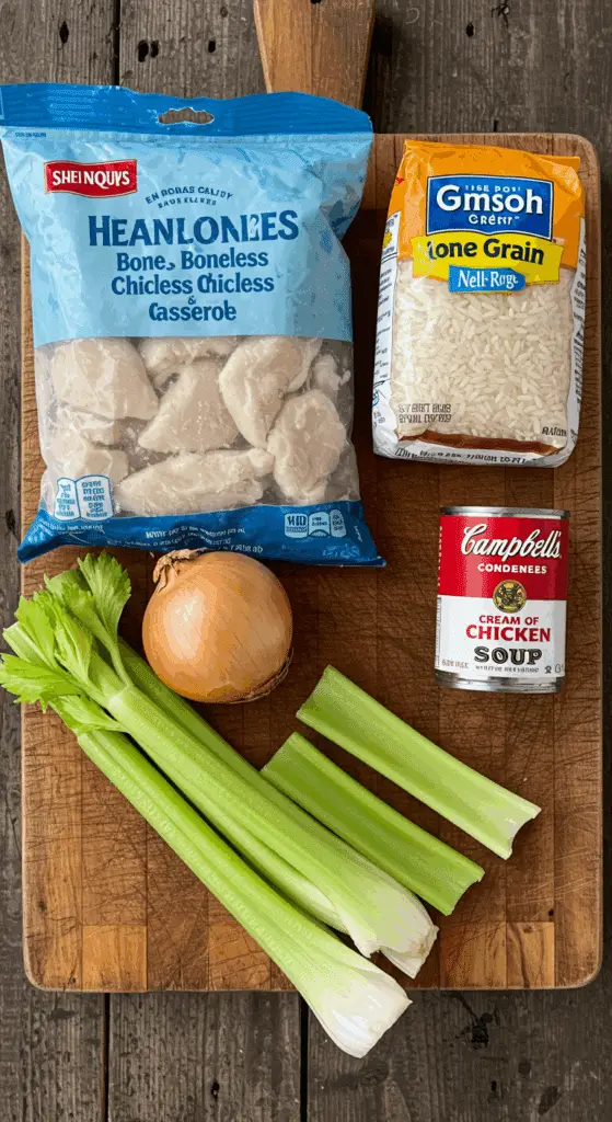 The simple, from-scratch ingredients for the classic and easy One-Pot Chicken and Rice Casserole.