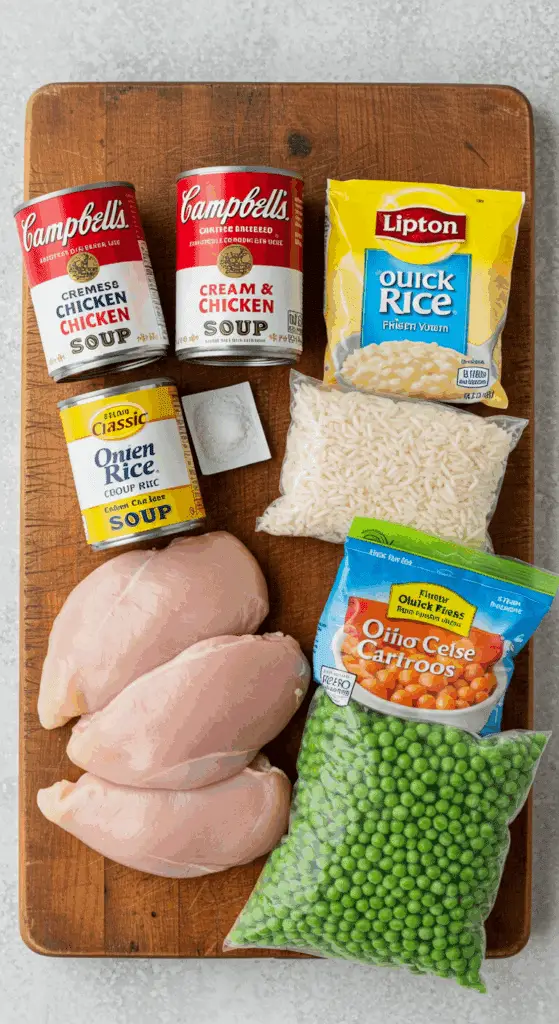 The simple, shortcut ingredients for the classic and easy "No-Peek" Chicken and Rice Casserole.