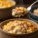 A cozy bowl of homemade, creamy One-Pot Chicken and Rice Casserole being served for a family dinner.