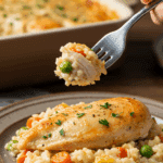 A beautiful plate of homemade, creamy "No-Peek" Chicken and Rice Casserole being served for a family dinner.